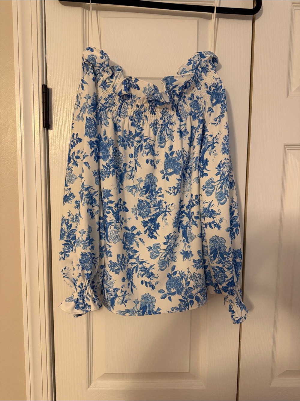 Off-Shoulder Blue Floral Women's Top - White & Blue